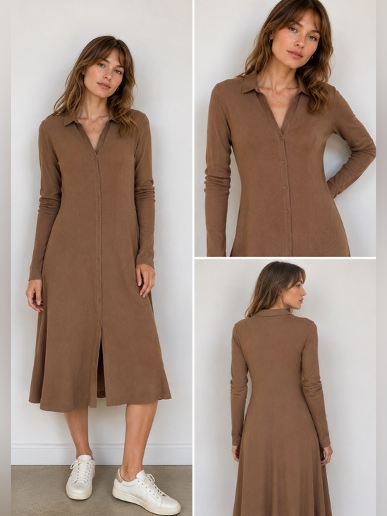 rag & bone Dresses & Skirts - Rag & Bone Ribbed Knit Midi Shirt Dress Brown Size L Quiet Luxury